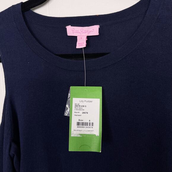 New Lilly Pulitzer Lyon Cold Shoulder Sweater Small True Navy Blue Cotton Modal - Picture 6 of 11